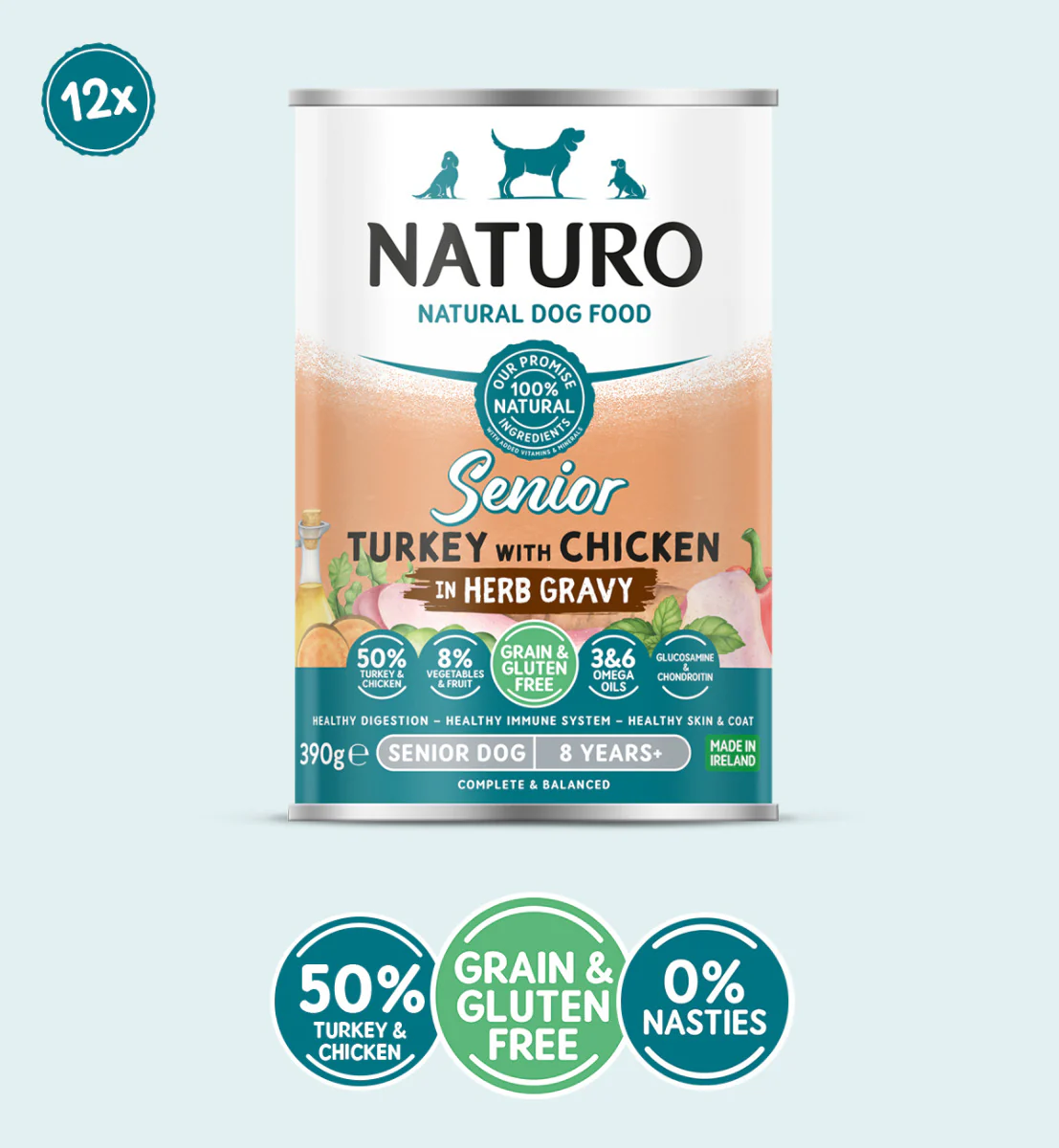 Senior Dog Turkey with Chicken in a Herb Gravy – Grain & Gluten Free Dog Food | 390g Cans x 12