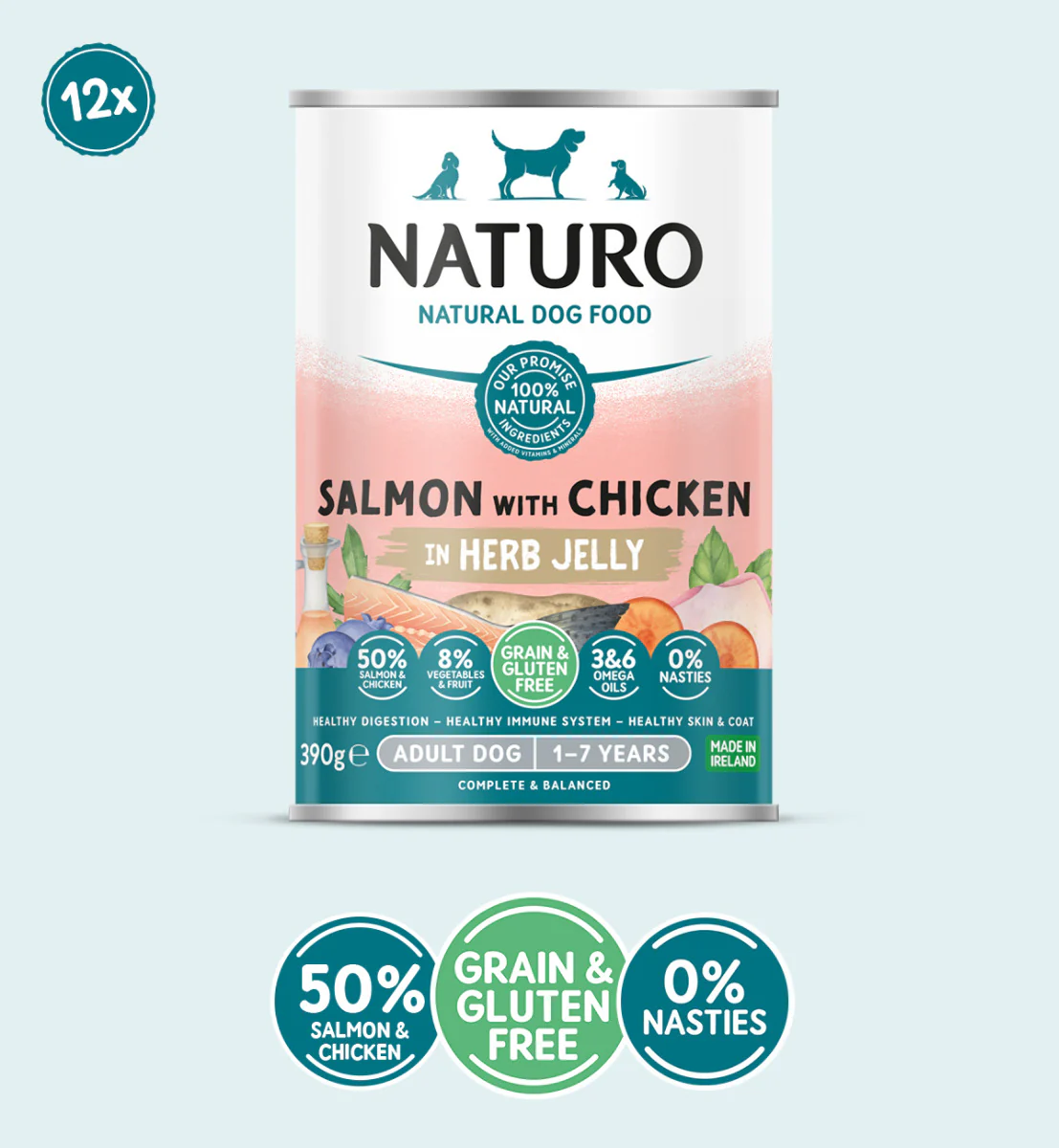 Adult Dog Salmon with Chicken in a Herb Jelly – Grain & Gluten Free Dog Food | 390g  Cans x 12