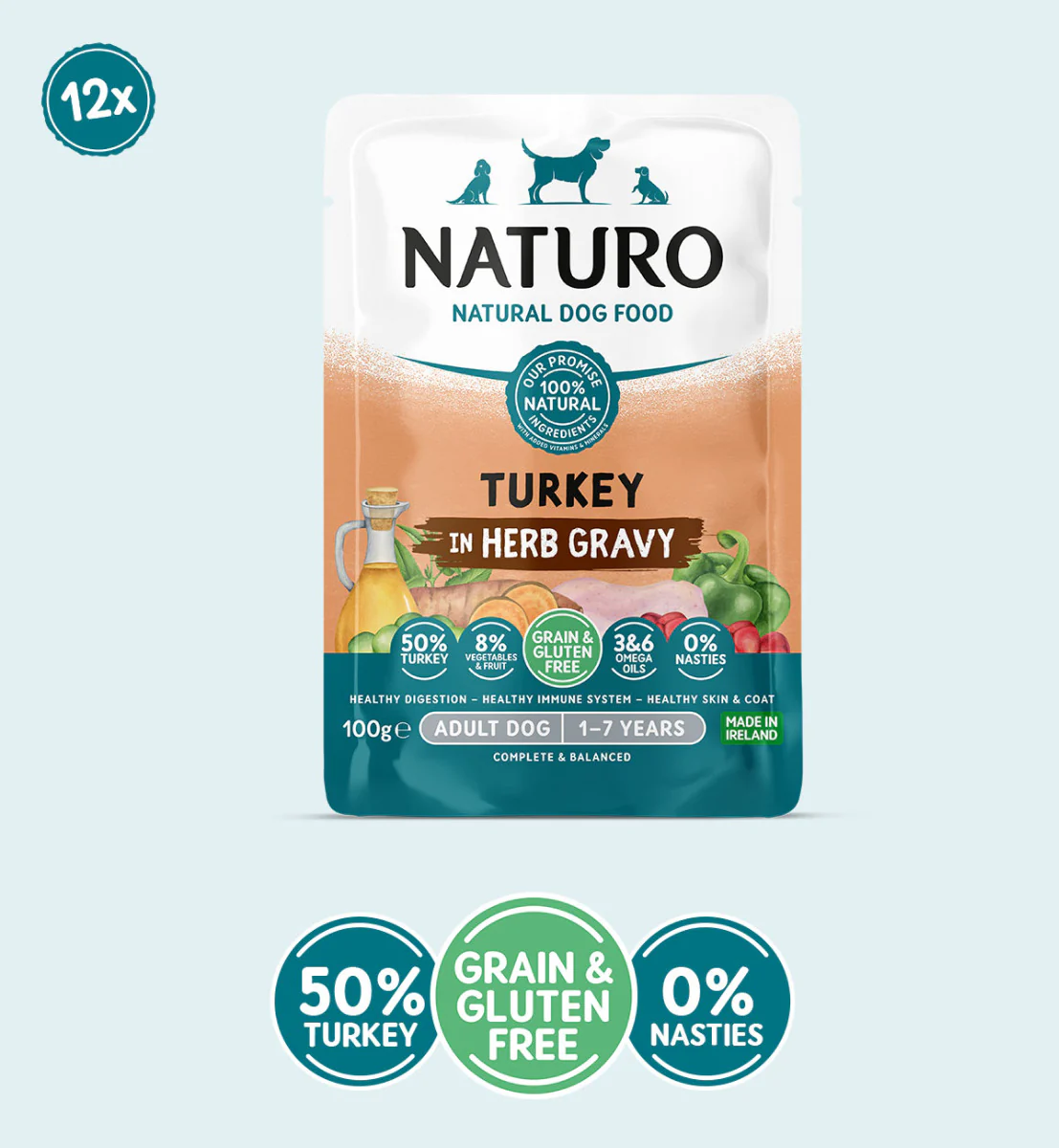 Adult Dog Turkey in Herb Gravy – Grain & Gluten Free Dog Food | 100g Pouches x 12