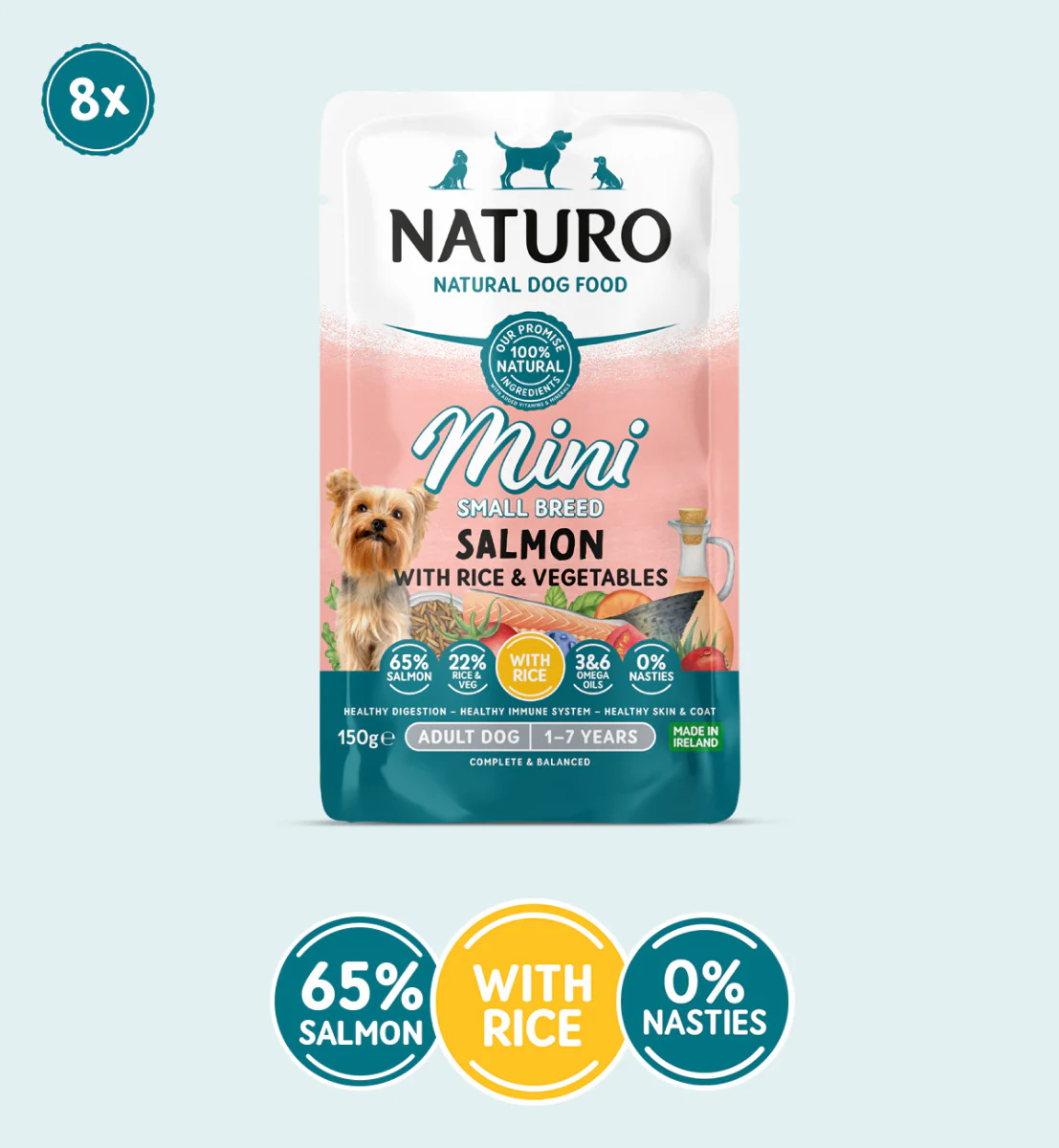 Adult Mini Dog Salmon with Rice and Vegetables – Wet Dog Food | 150g Pouches x 8